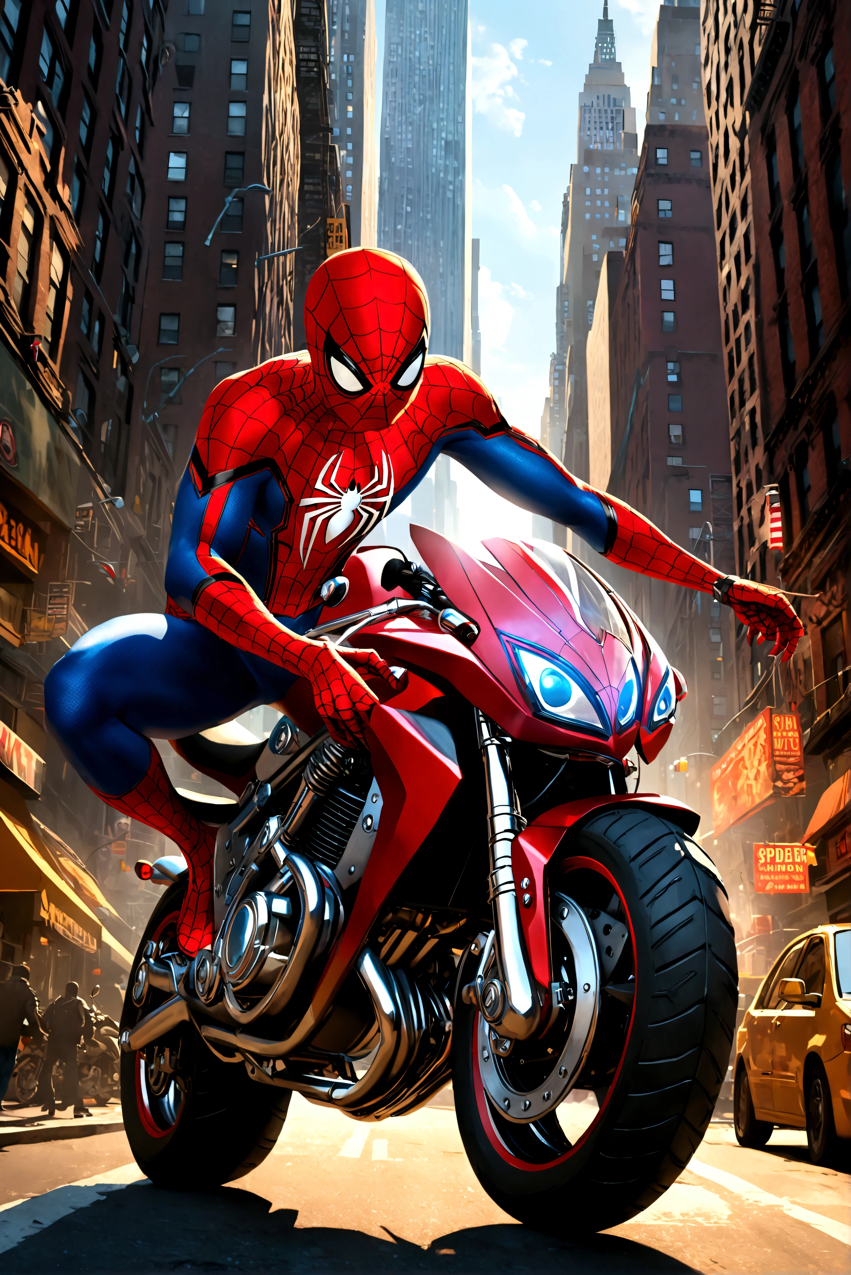 a detailed photo of spider-man riding a spider-man themed motorcycle on the streets of new york city, dynamic action pose, dramatic lighting, cinematic angle, highly detailed, intricate mechanical details, realistic rendering, digital art, concept art (Spiderwebs spell 'Spider Man' across the top of the picture in comic book style)
