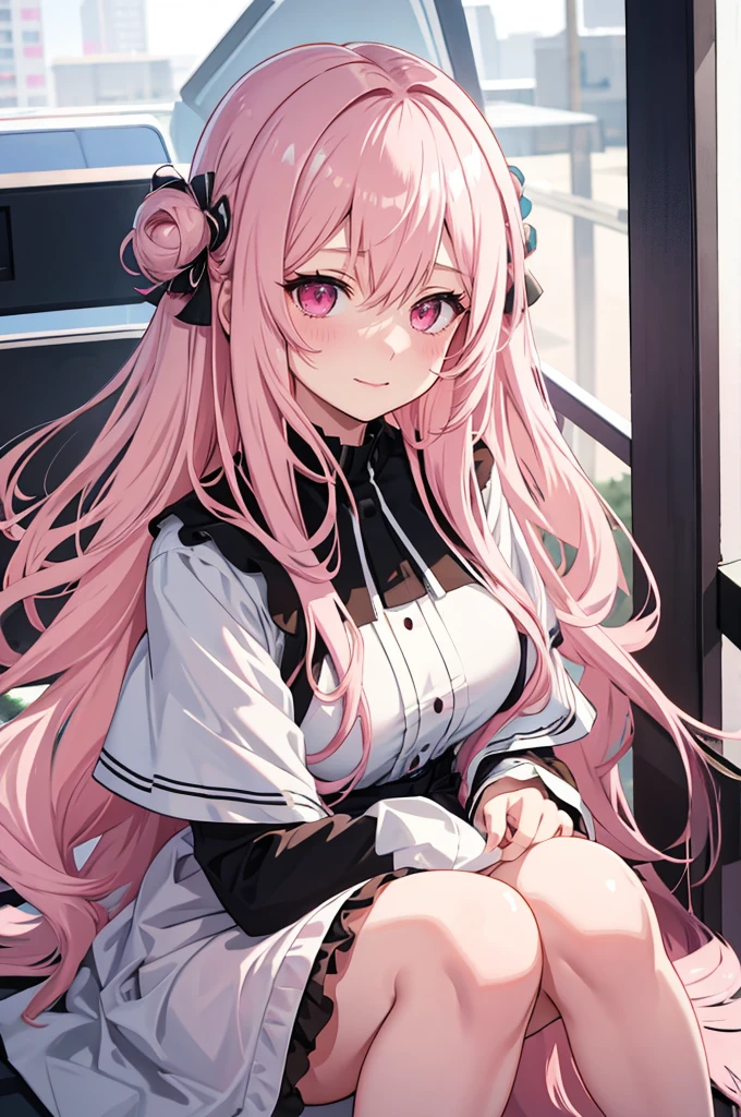 solo, 1girl, mature anime female, light pink hair, long hair, dark pink eyes, subtle blush, love goddess, sundress, innocent smile