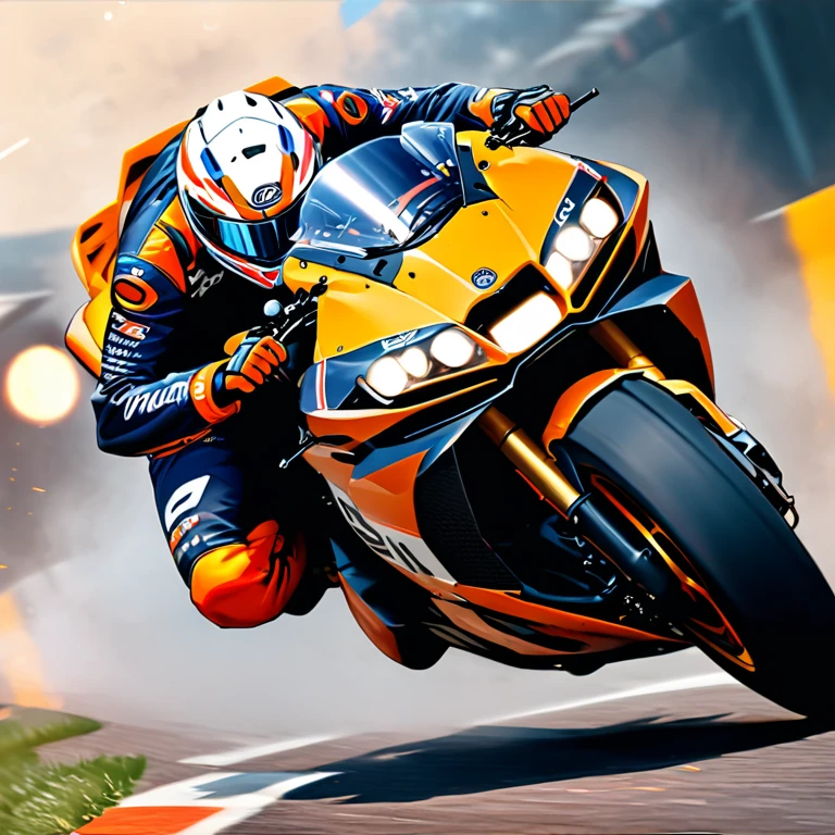 (best quality,8k,highres, masterpiece:1.2), ultra-detailed, HDR, UHD, studio lighting, ultra-fine painting, sharp focus, physically-based rendering, extreme detail description, professional, vivid colors, bokeh, portraits, concept artists, warm color palette, dramatic lighting,Circuit track, running bike, racer riding motorcycle, concentration line, auto racing,