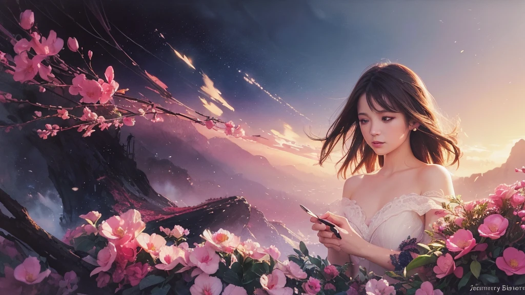 32k, Masterpiece, Highest quality, One girl, Brown Hair, Detailed eyes, flower,Freesia, Pink and navy style,A dreamy, romantic piece,Pale yellow, Mysterious Leaves,A playful arrangement,Fantasy,High Contrast,Ink strokes,explosion,Exposure, Impression of pink and navy tones,Abstract,((Watercolours by John Berkey and Jeremy Mann )) Brush strokes,Negative Space, Tyndall effect,