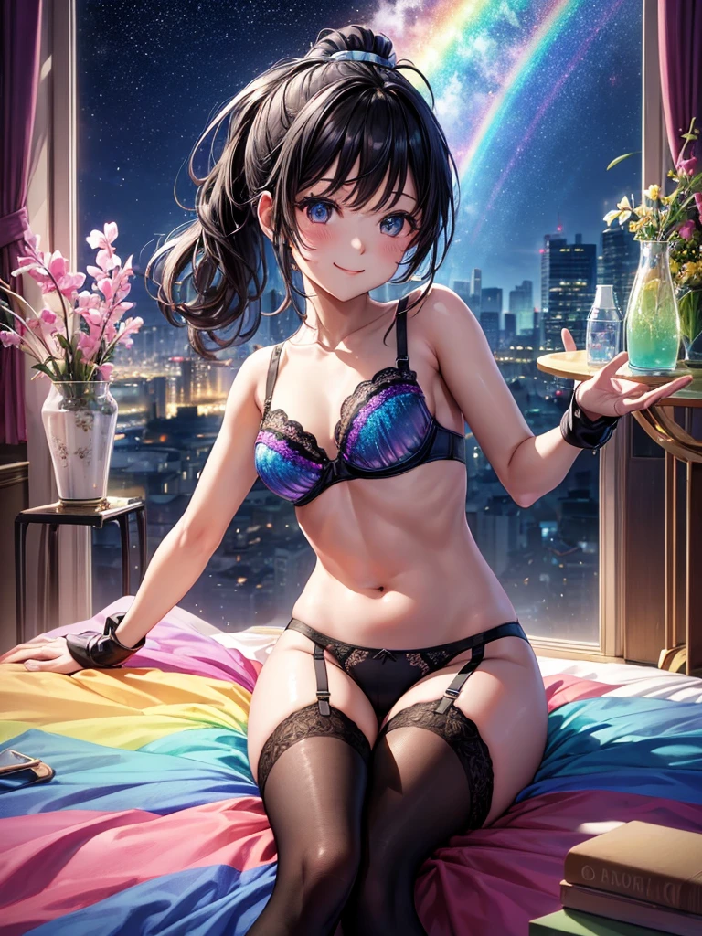 Highest quality,Highest Resolution,４K quality,Underwear looking at city night view outside large window in modern bedroom((Rainbow Gradient色))のsmileの１Profile of a woman,((Black hair ponytail)),Dark room,Rainbow Gradientセクシーランジェリー,Many water drops on the window,garter belt,High leg,((Iridescent underwear))Knee-high stockings,smile,Landscape,Colorful eyeballs,Small bra{((Underwear color))Rainbow Gradient,