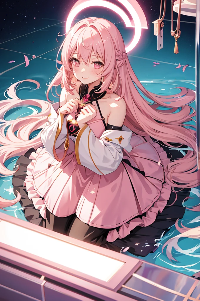 solo, 1girl, mature anime female, light pink hair, long hair, dark pink eyes, subtle blush, love goddess, sundress, innocent smile, heart-shaped halo behind head