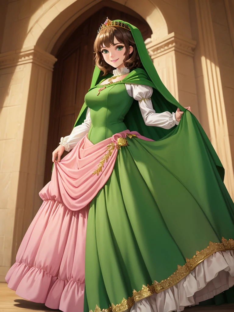 masterpiece, best quality:1.2), 1girl, smile, looking at viewer, green eyes, short brown hair, princess, princess dress, wearing puffy pink ballgown reaching the floor, green cloak cape, golden tiara with veil, standing in ballroom of medieval castle