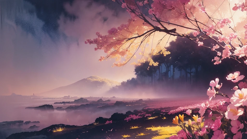 32k, Masterpiece, Highest quality, One girl, Brown Hair, Detailed eyes, flower,Freesia, Pink and navy style,A dreamy, romantic piece,Pale yellow, Mysterious Leaves,A playful arrangement,Fantasy,High Contrast,Ink strokes,explosion,Exposure, Impression of pink and navy tones,Abstract,((Watercolours by John Berkey and Jeremy Mann )) Brush strokes,Negative Space, Tyndall effect,