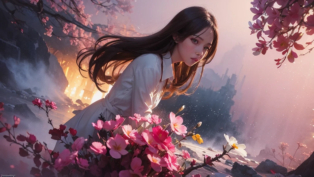 32k, Masterpiece, Highest quality, One girl, Brown Hair, Detailed eyes, flower,Freesia, Pink and navy style,A dreamy, romantic piece,Pale yellow, Mysterious Leaves,A playful arrangement,Fantasy,High Contrast,Ink strokes,explosion,Exposure, Impression of pink and navy tones,Abstract,((Watercolours by John Berkey and Jeremy Mann )) Brush strokes,Negative Space, Tyndall effect,