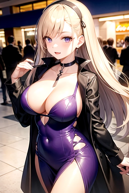 Create a 24-year-old anime girl with a plunging neckline in a purple dress in a shopping mall landscape with a face of love.