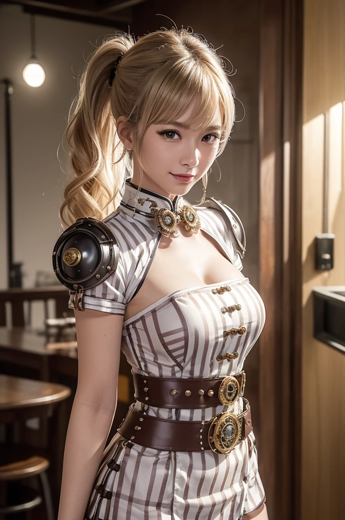Woman portrait、Highest quality、Rear view、8K, clear, Fine skin、Clear, beautiful eyes、Cleavage、The beauty of a smile、whole body,Curly Hair、My hair was messed up by the wind、(Glamorous Muscle、tall),(Hip_superior, Hip superior), Beauty,( Watching the audience),Realistic, High resolution, Soft Light,1 female, One person,blonde hair,ponytail,Fine Skin, Naughty look,((Steampunk qipao,gyaru)),(White, brown, silver, red and dark brown checkered stripes,Sailor-style armor with Burberry check collar)、Beautiful Steampunk Guild Staff Costume Banker Uniform,(Traditional Vietnamese dress with collar、White Mecha、白と茶と銀と赤とこげ茶のチェックのスチームパンクの白のSteampunk qipao,white dress shirt、buttons、epaulettes,beads,elbow gloves,Short jeweled tie、Gemstone Helmet,belt,Steampunk bodystocking,jewelry),((arms behind back)),(bokeh),(studio lighting)