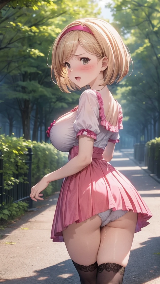 best quality,1girl,((big breasts,,litt)),curvy,((orgasm,blush:1.3)),angry,sweat,Djeeta_a,blonde hair, short hair, Brien eyes, ((djeeta one piece dress,mini skirt,lift skirt,upskirt,black kneehighs,white panties,lace panties,pussy juice:1.1)),((walking:1.1)),forest,forest林,from behind