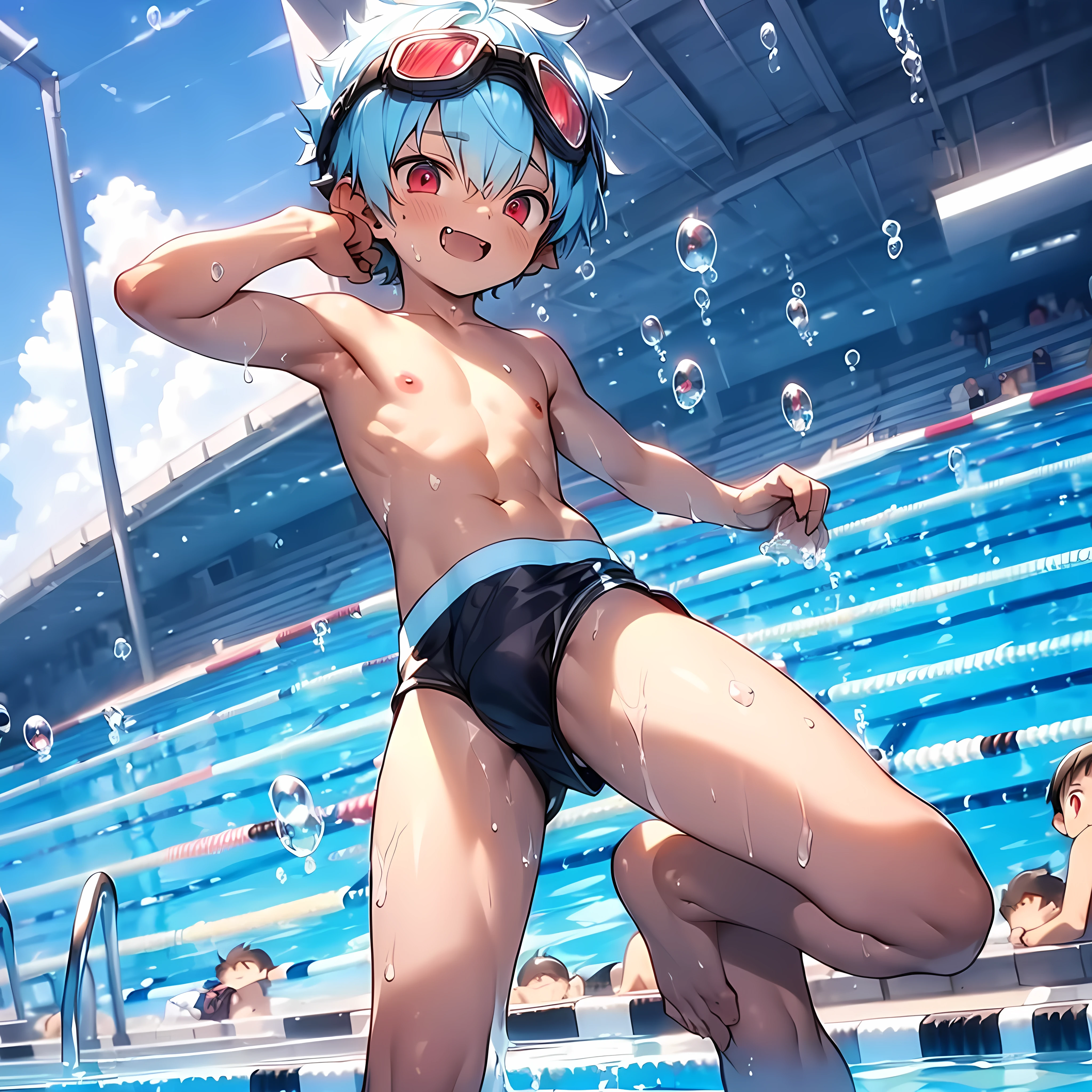 (solo:2), (boldline:-1.7), (dynamic), (raising arms:1.3), (arched back:1.1), ((bubble)), (standing:1.5), (spread legs:1.2), (((fang))), (((best finger))), BREAK (best quality:1.5), (absolutely resolution:1.5), (ultra detailed:1.5), (masterpiece:1.5), (perfect face), (detailed face), (detailed eyes), (best eyes), (cute face), (shota:2.2), BREAK (topless:1.5), BREAK (white speedos:1.5), (swimming goggles on head:1.3), (see throgh wet clothes:1.4), (bulge:1.6), (skinny:1.3), (spiked hair), BREAK (light blue hair:1.5), (wine red eyes:1.4), (eyes with highlight:1.6), ((mole under eye)), (sweaty skin), (chuckling:1.5), ((earrings)), (shiny skin:1.3), BREAK (stadium), (pool:1.5), (sunlight), ((wind blowing)), (((nipple))), ((abs)), (groin), water splashing, from below,