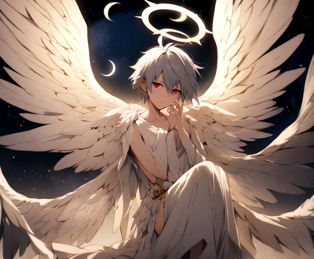 masterpiece, best quality, extremely detailed, evangelion kaworu nagisa, kaworu nagisa, 1boy, red eyes, beautiful face, seductive, hot, heavenly, (wings, angel, halo), more dynamic poses, night background, Crescent moon, dream-like