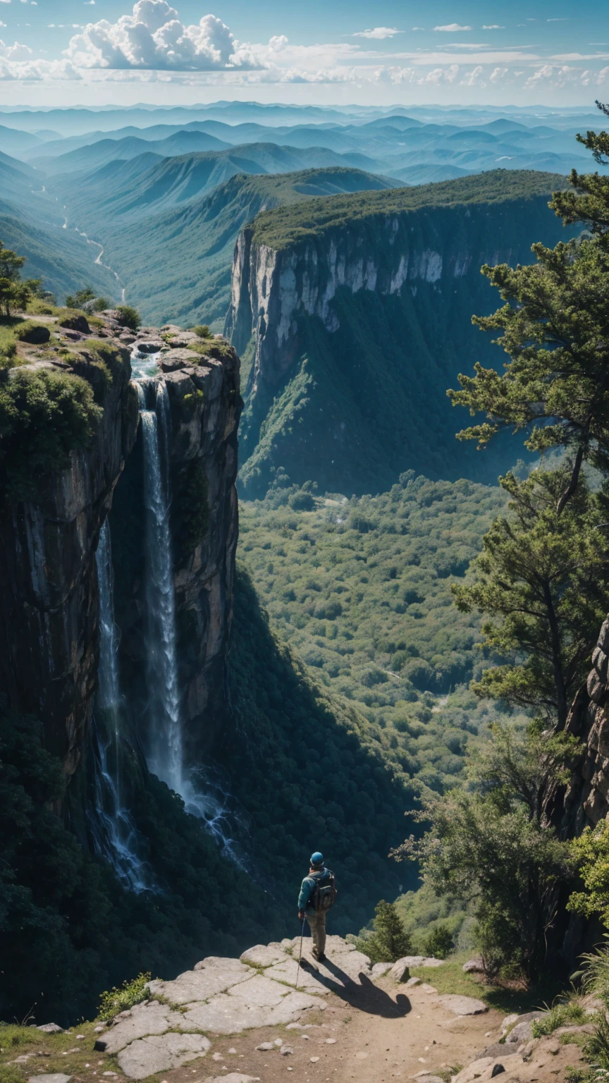 Lone explorer standing at the top of a mountain, looking to the horizon, he is in the top and at the bottom there is a tropical environment with dense forests and waterfalls. Sunlight illuminating one side of the image, casting shadows on trees and rocks on the other. the man is at a high altitude, THE MAN IS AT THE HIGHEST POINT OF THE FIGURE, ADMIRING THE LANDSCAPE BELOW THE MOUNTAIN, there is just ONE MAN, higher relief, is in the center of the image. minimalist, Angelcore, Dripping Paint, ultra wide-angle, Octane rendering, 500px, sprite sheet, psychedelic colors, Green Academia, strobe lighting, 8-bit. absurd res, high res, (masterpiece:1.4), ultra-detailed,