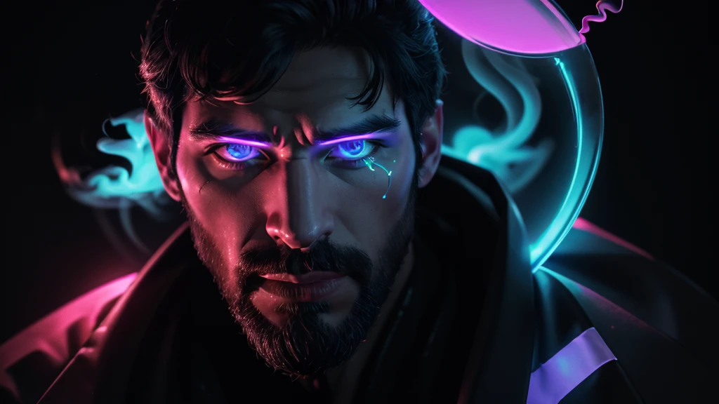 man looks into the mirror and see himself as reaper, neon colors, high detail, long shot, wide shot, 4K, 3D, REALISTIC, (iridescent glow smoke), UHD, 32K, very bold neon colors, black light, neon light