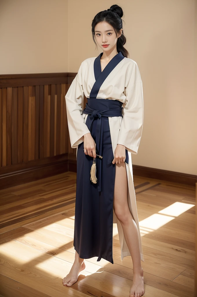 (((best quality))),(((ultra detailed))),(((masterpiece))),illustration,1girl,solo,tonogui,short ponytail,slim,thin,small breasts,flat chest,white collar,white kendogi,three-quarter sleeves,maxi navy-blue kendo hakama,slender legs,standing in kendo gym,(holding a bokuto:1.3),arms behind back,focused and determined expression,ready for challenge,slender and elegant face,confident and resilient,fair skin,blush,neat teeth,bright smile,clean and tidy uniform,wooden gym floor,wall,pine scent,standard grip,ready to slice through obstacles,strong belief,determination,spirit of resilience,admiring,from front,full body,bare feet