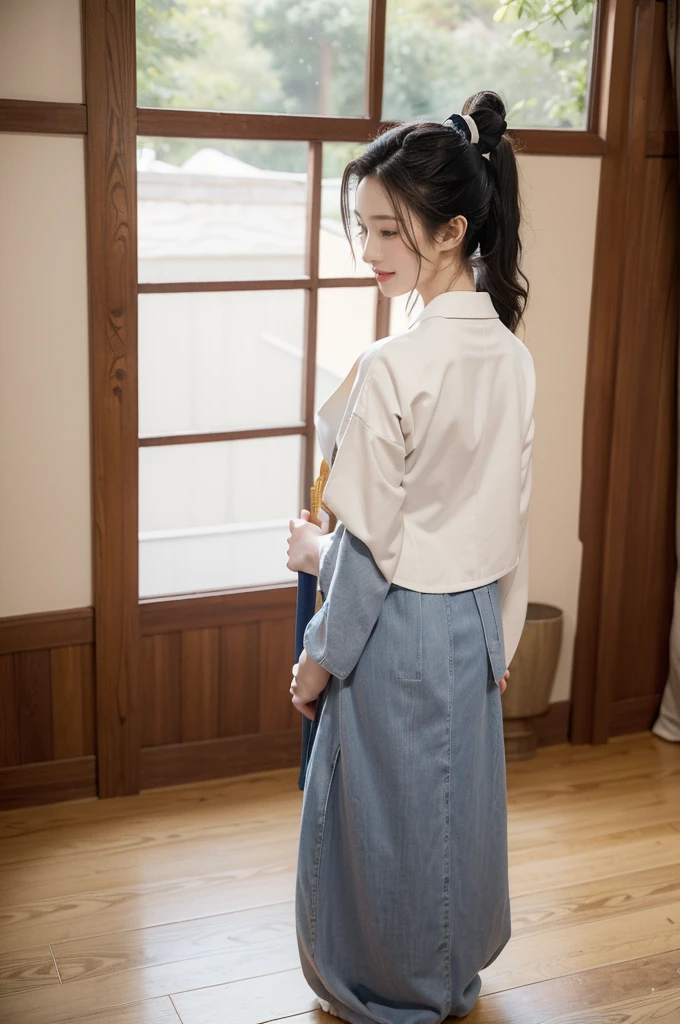(((best quality))),(((ultra detailed))),(((masterpiece))),illustration,1girl,solo,tonogui,short ponytail,slim,thin,small breasts,flat chest,white collar,white kendogi,three-quarter sleeves,maxi navy-blue kendo hakama,slender legs,standing in kendo gym,(holding a bokuto:1.3),arms behind back,focused and determined expression,ready for challenge,slender and elegant face,confident and resilient,fair skin,blush,neat teeth,bright smile,clean and tidy uniform,wooden gym floor,wall,pine scent,standard grip,ready to slice through obstacles,strong belief,determination,spirit of resilience,admiring,from front,full body,bare feet