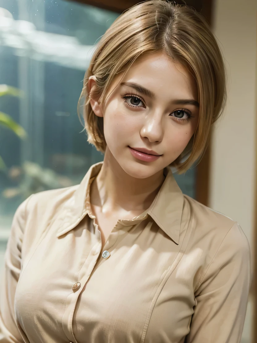 ((masterpiece、Highest quality、Very detailed、High resolution、Realistic、Sharp focus))、Bust Shot、Focus on the chest up、Beautiful French model in her twenties、Detailed aquarium、Dynamic pose、(Beige business suit、Long sleeve shirt)、Ultra detailed face、Bobcut、Blonde、Pale skin、smile、View your viewers