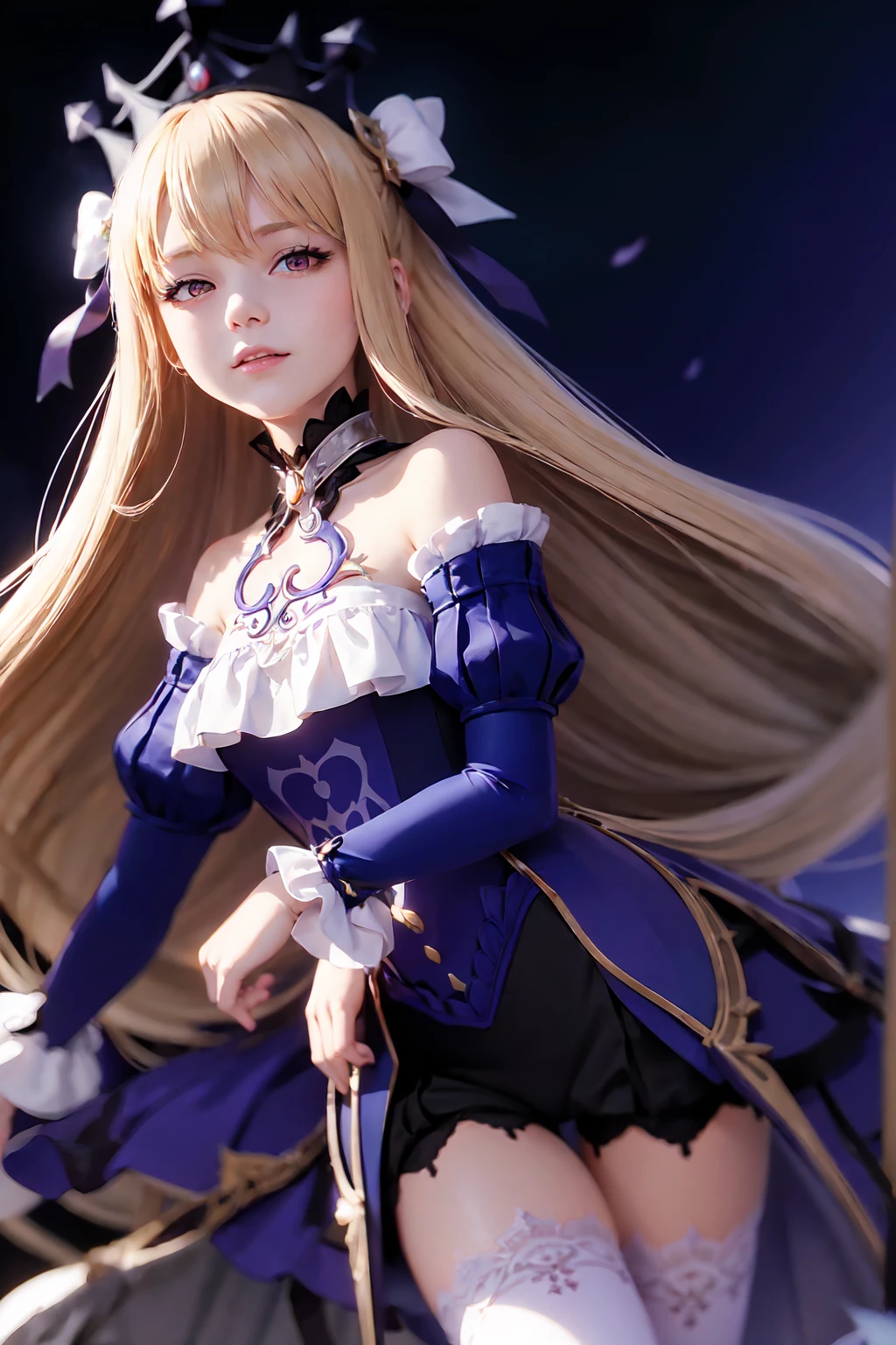 (Realistic painting style:1.1), masterpiece, best quality, absurdres, fischl (ein immernachtstraum) (genshin impact), red eyes, (white pupils:1.2), alternate eye color, fischl (genshin impact), detached collar, detached sleeves, official alternate costume, 1girl, solo, blonde hair, hair over one eye, tiara, dress, smile, long hair, thighhighs, bare shoulders, white thighhighs, long sleeves, looking at viewer, frills, ring, parted lips, purple dress, puffy sleeves, pantyhose, bangs, white pantyhose, single leg pantyhose, blush, juliet sleeves, breasts, hand up, ribbon, frilled sleeves, single thighhigh, jewelry night, outdoor, castle, moon, (large breasts:0.9)