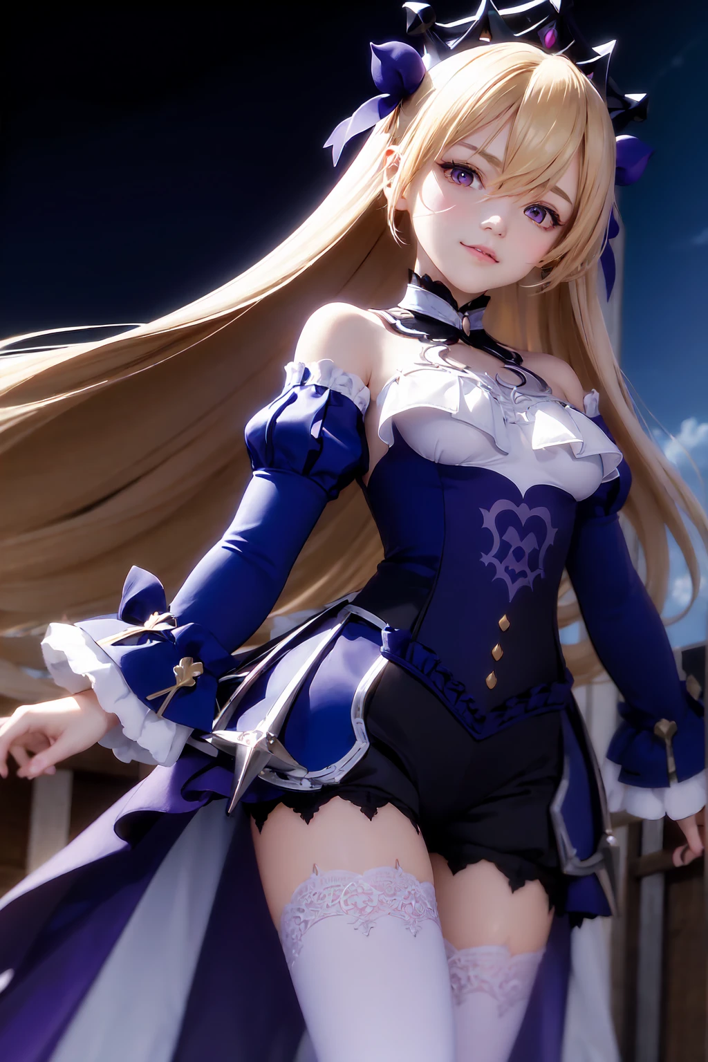 (Realistic painting style:1.1), masterpiece, best quality, absurdres, fischl (ein immernachtstraum) (genshin impact), red eyes, (white pupils:1.2), alternate eye color, fischl (genshin impact), detached collar, detached sleeves, official alternate costume, 1girl, solo, blonde hair, hair over one eye, tiara, dress, smile, long hair, thighhighs, bare shoulders, white thighhighs, long sleeves, looking at viewer, frills, ring, parted lips, purple dress, y sleeves, pant, bangs, white pantyhosegle leg pantyhose, bluuliet sleeves, breasts, hand up, rfrilled sleeves, single thighhigh, jewelry night, outdoor, castle, moon, (large breasts:0.9)