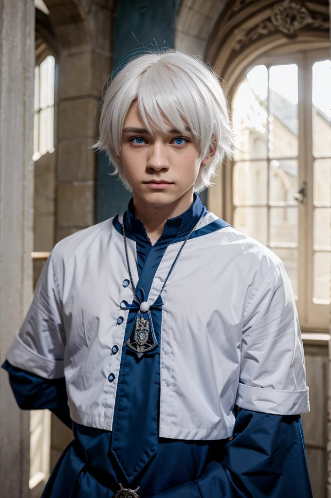 Anime,boy, white hair, blue eyes, magic world, Hogwarts uniform , wolf cut