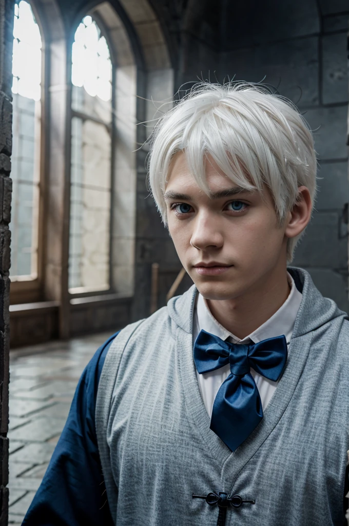 Anime,boy, white hair, blue eyes, magic world, Hogwarts uniform , wolf cut