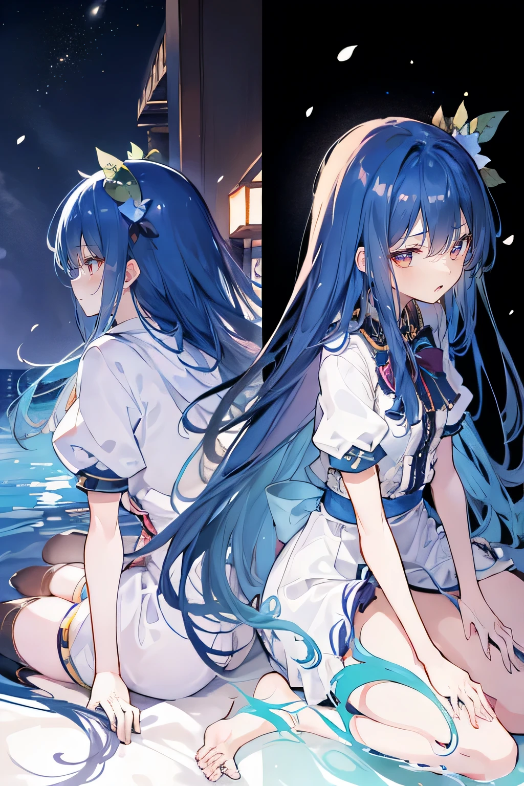 (masterpiece:1.2),Super detailed,lifelike,Expressive eyes,fair skin,perfect face shape,1 girl,
Japanese comics,Gorgeous blue hair,flowing blue hair,flowing clothes,Petals fall,beautiful lola,Baby Angel,
Shaking head with one hand,Cross your legs,Gentle and peaceful background,The pavilion is cool and comfortable,smile, wearing hoodie, background of tokyo,back views,snowing, winter,lie on the water. dark blue gradient hair,asymmetrical hair,((Hair is very thick 1.8,Chiseled hair 1.6)), Hair over the shoulders, Messy hair, Very long hair, shiny hair,(long dark blue hair:1.2),A beautiful girl,(Transparent clothes transparent 1.8),Perfect body,Big thin legs,slender,(Looks very sad,Looks haggard ,sadness,shut your mouth:1.2) Against the backdrop of an unusually bright dark starry sky,(Put your hands behind your back),(round,Room, Strong breasts),barefoot,float,water surface,(long legs,long legs,long legs,Complete)