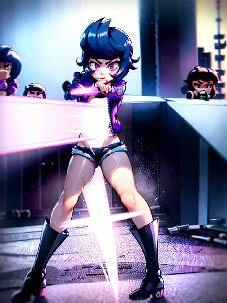 one girl,Bibi,brawl stars,slim,Japanese,black,short hair,purple jacket,Pink T-shirt,short shorts,stockings,knee-high boots,heels,bits,game character,Anime,Good Quality,thought out perfectly,without annoying lighting
