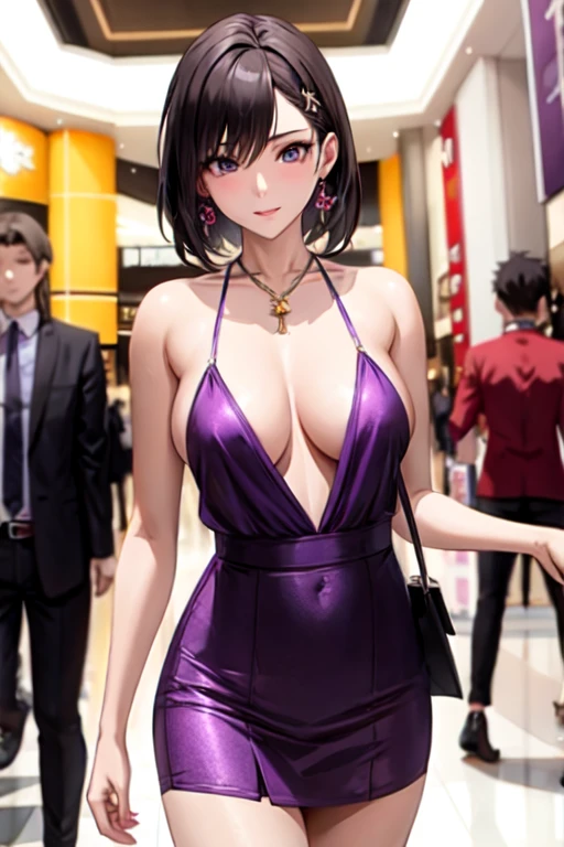Create a 24-year-old anime girl with a plunging neckline in a purple dress in a shopping mall landscape with a face of love.