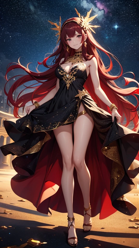 8k, beautiful woman, full body, dark red hair, long hair, jewelry on head, elegant dress, two bare legs, two bare arms, golden heels with black, jewelry on legs and arms, smiling, starry sky background