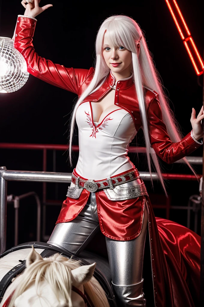 Tall 30 year old albino woman, with red eyes and long white hair, wearing a red and silver cowgirl outfit with disco lights in the background Riding a mechanical bull, raising one hand anime style