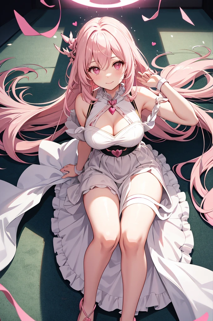 solo, 1girl, mature anime female, light pink hair, long hair, dark pink eyes, subtle blush, love goddess, sundress, innocent smile, heart-shaped halo behind head