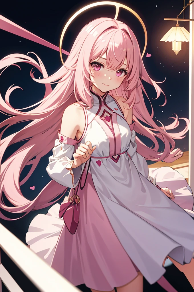 solo, 1girl, mature anime female, light pink hair, long hair, dark pink eyes, subtle blush, love goddess, sundress, innocent smile, heart-shaped halo behind head