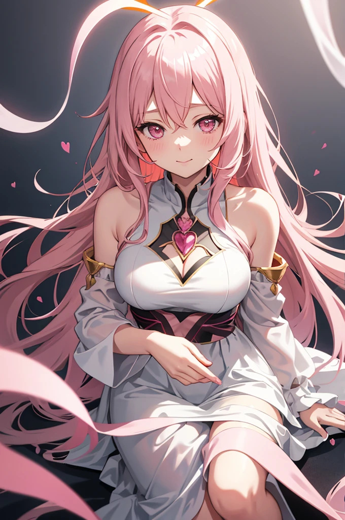 solo, 1girl, mature anime female, light pink hair, long hair, dark pink eyes, subtle blush, love goddess, sundress, innocent smile, heart-shaped halo behind head