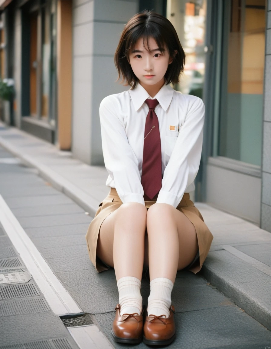 score_9, score_8_up, score_7_up, score_6_up, score_5_up, score_4_up, Japanese 1 girl, 1 girl,(cute:1.2),very beautiful 18 year old girl, detailed eyes,((brown eyes)),(brown hair),(short hair),(buns), perfect skin, glowing skin, white skin, fine texture skin, large ample breasts,((perfect anatomy, nice hands, perfect hands, 5 fingers connected to palm, no discomfort precise needles))), perfect raw legs, delicate legs, perfect proportions, sexy, breasts visible,((Japanese uniform)),((uniform mini skirt)),(tie)), black socks, chano leather shoes, lurking deep in the city, crotch visible, panties showing in the city, legs bent, legs spread M-shape, pants Panties are visible, slender thighs from the front