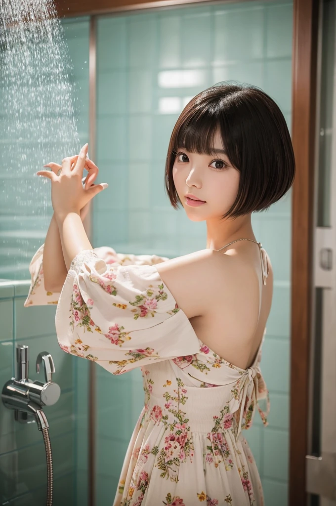 Close-up of a woman in a dress taking a photo, Short hair, Yoshitomo Nara, Shirahime cut hairstyle, Gorgeous Young Korean Woman, Choi Hong-hwa, San Yun-ju, Beautiful Korean Women, 🚿🗝📝, Lee Ji-eun, Lee Ji-eun, With bangs
