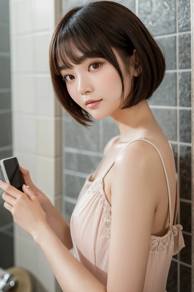 Close-up of a woman in a dress taking a photo, Short hair, Yoshitomo Nara, Shirahime cut hairstyle, Gorgeous Young Korean Woman, Choi Hong-hwa, San Yun-ju, Beautiful Korean Women, 🚿🗝📝, Lee Ji-eun, Lee Ji-eun, With bangs