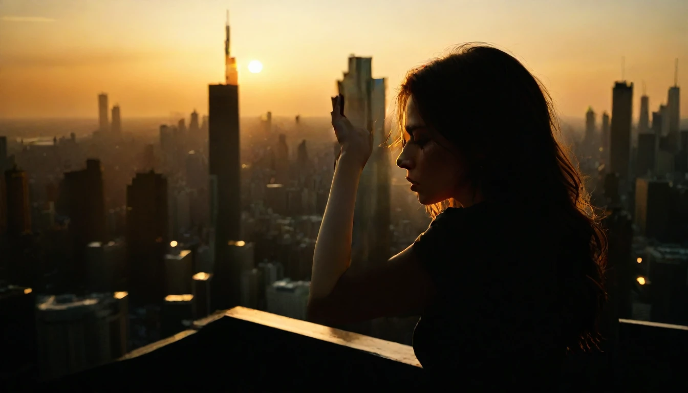 a girl with pale skin stands on the edge of a skyscraper,her head bowed as tears stream down her face. Below her,the sprawling cityscape stretches out,bathed in the warm,golden hues of the setting sun. The sunlight reflects off the glass and steel surfaces of the buildings,casting a dramatic glow on the scene and highlighting her sorrow. The atmosphere is filled with a sense of tragic beauty,capturing a cinematic moment of deep emotional impact,