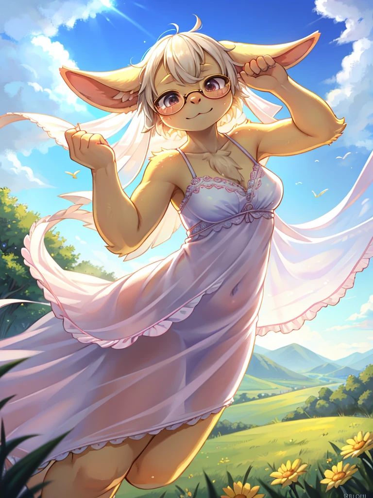 Hallucination , ugly geek Sow , (butterface) , relaxed Fluttering white thin dress , Dancing on the top of hill , halation , Strong sunlight , The fabric is see-through, so your skin is visible , Clothing erotica , (labia:0.4)