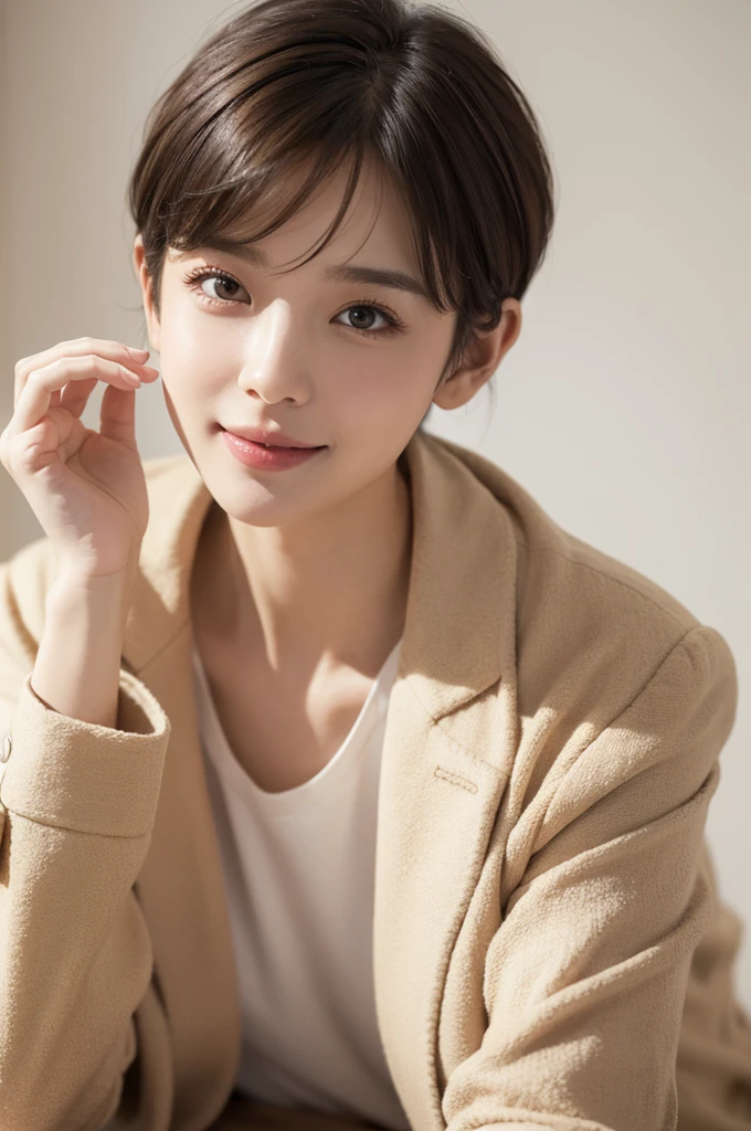 realistic light,natural light,white background,최고 quality、8 thousand、32,000、masterpiece、uhd:1.2) quality, primitive photorealism, laugh, Beautiful girl, cute, Short hair, depth of field, high resolution, ultra detail, Highly detailed eyes and face,small eyes,Short hair,short cut,short hair,beige jacket