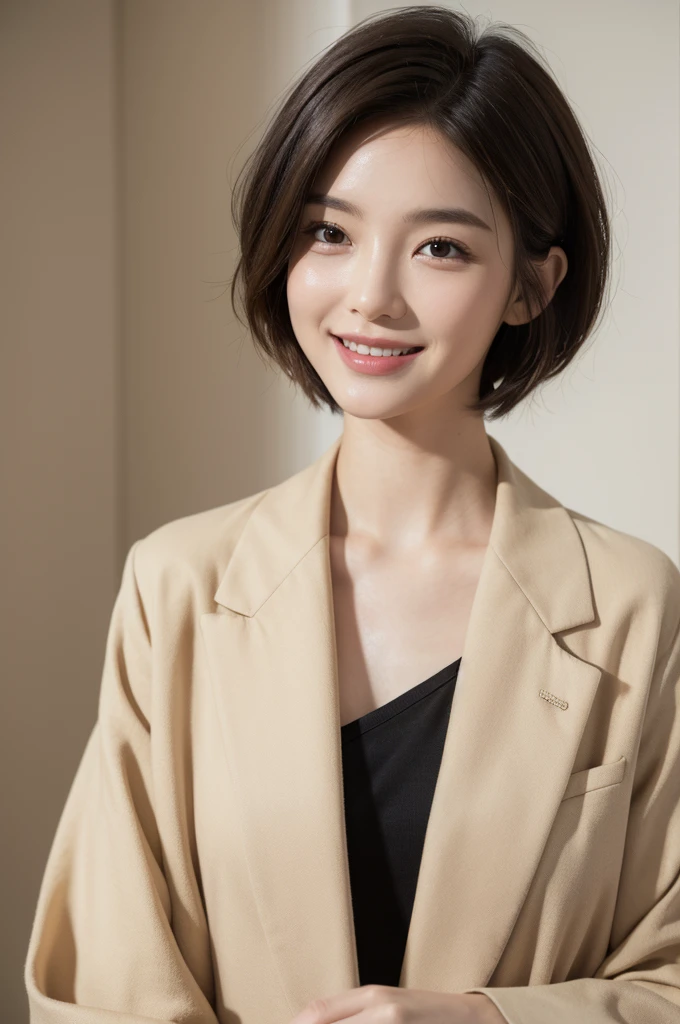 realistic light,natural light,white background,최고 quality、8 thousand、32,000、masterpiece、uhd:1.2) quality, primitive photorealism, laugh, Beautiful girl, cute, Short hair, depth of field, high resolution, ultra detail, Highly detailed eyes and face,small eyes,Short hair,short cut,short hair,beige jacket