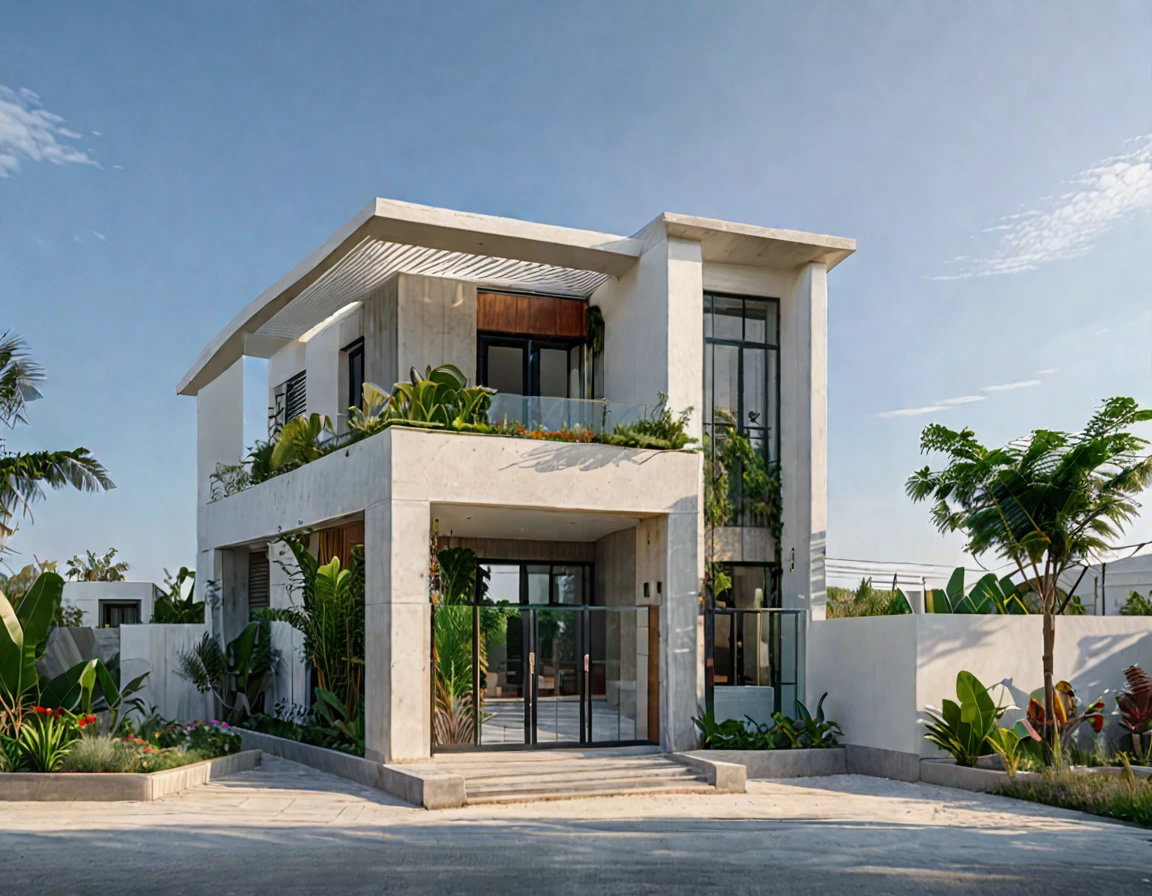 (masterpiece),(high quality), best quality, real,(realistic), super detailed, (full detail),(4k),8k,modern house exterior design,Modern architecture,Sandstone,whitewall,Beautiful_sky,Day light, no_humans, outdoors,sky,tree,Garden flower front of building,