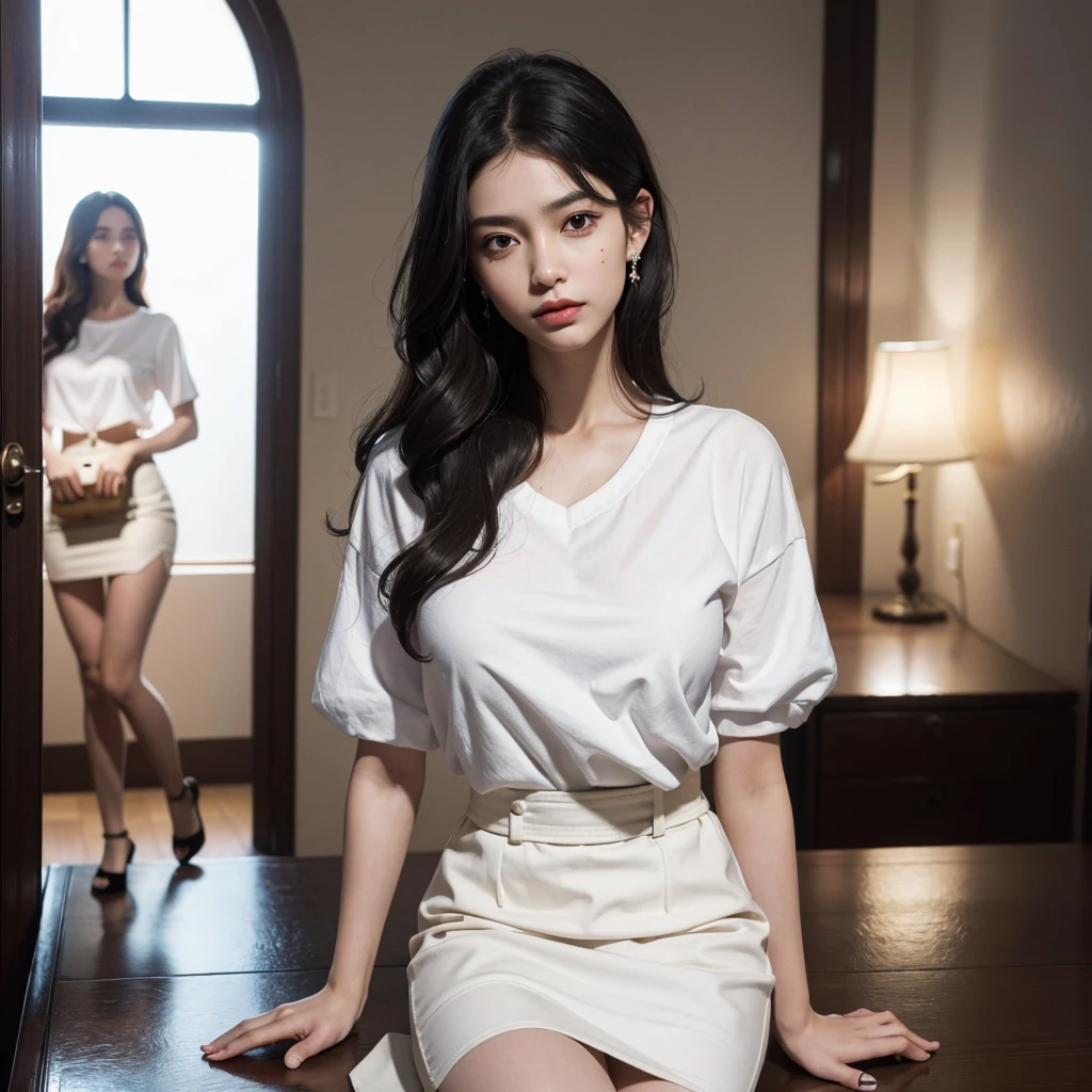 absurdres, RAW photo, extremely delicate and beautiful, masterpiece, Best Quality, ultra high resolution, 32k, hyperrealistic, ultra-detailed, Very detailed CG 8k wallpaper, Beautiful Lighting, Perfect Lightning, Realistic Shadows, perfect ???????, super Detailed skin, late 20s, very Slim body, narrow waist, very small head, very detailed eyes and face, realistic face proportions, Stunning detailed eyes, Realistic small face, Realistic small eyes, tearful mole, earring, beautiful and very thin legs, beautiful and very thin thighs, (very huge round breasts:1.4), medium hair, wavy hair, black hair, (full body shot:1.5), (3 girls:1.3), (white shirt:1.2), brown skirt,