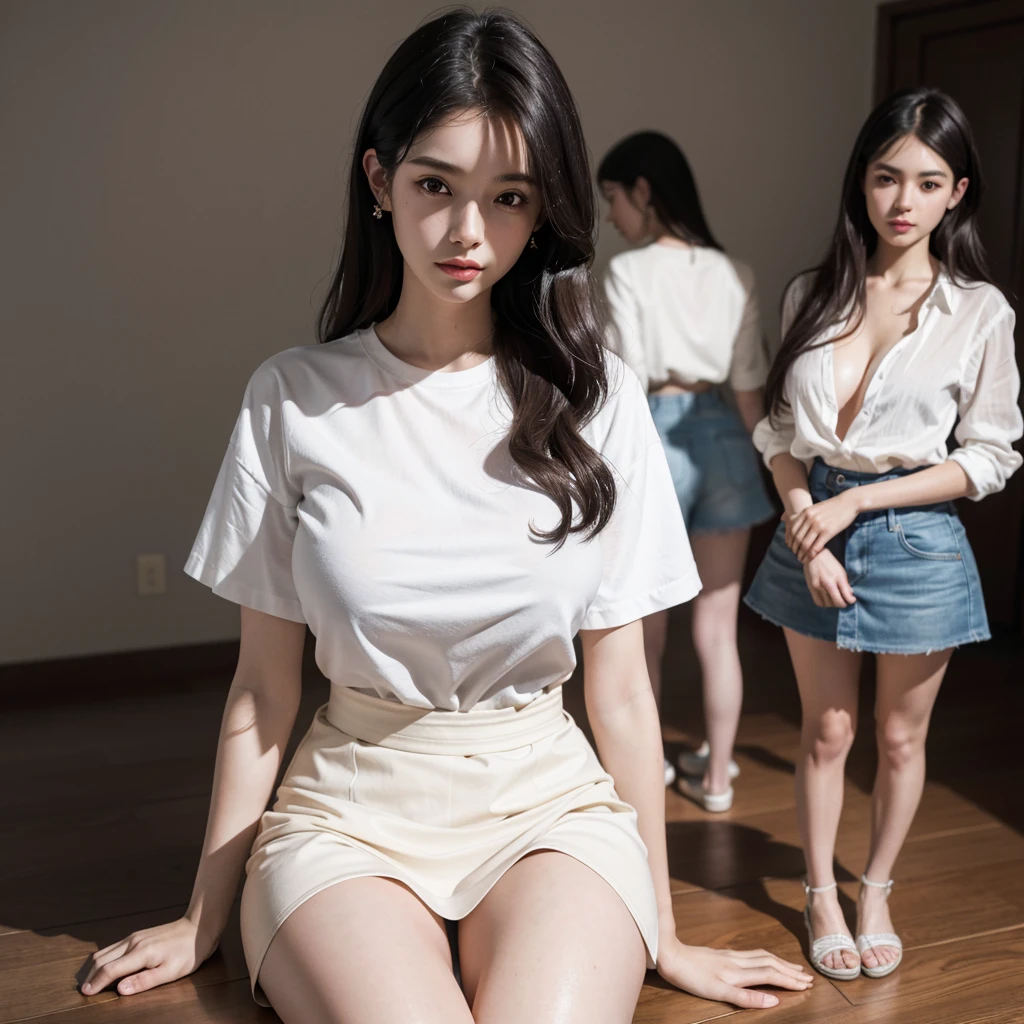 absurdres, RAW photo, extremely delicate and beautiful, masterpiece, Best Quality, ultra high resolution, 32k, hyperrealistic, ultra-detailed, Very detailed CG 8k wallpaper, Beautiful Lighting, Perfect Lightning, Realistic Shadows, perfect anatomy, super Detailed skin, late 20s, very Slim body, narrow waist, very small head, very detailed eyes and face, realistic face proportions, Stunning detailed eyes, Realistic small face, Realistic small eyes, tearful mole, earring, beautiful and very thin legs, beautiful and very thin thighs, (very huge round breasts:1.4), medium hair, wavy hair, black hair, (full body shot:1.5), (3 girls:1.3), (white shirt:1.2), brown skirt,