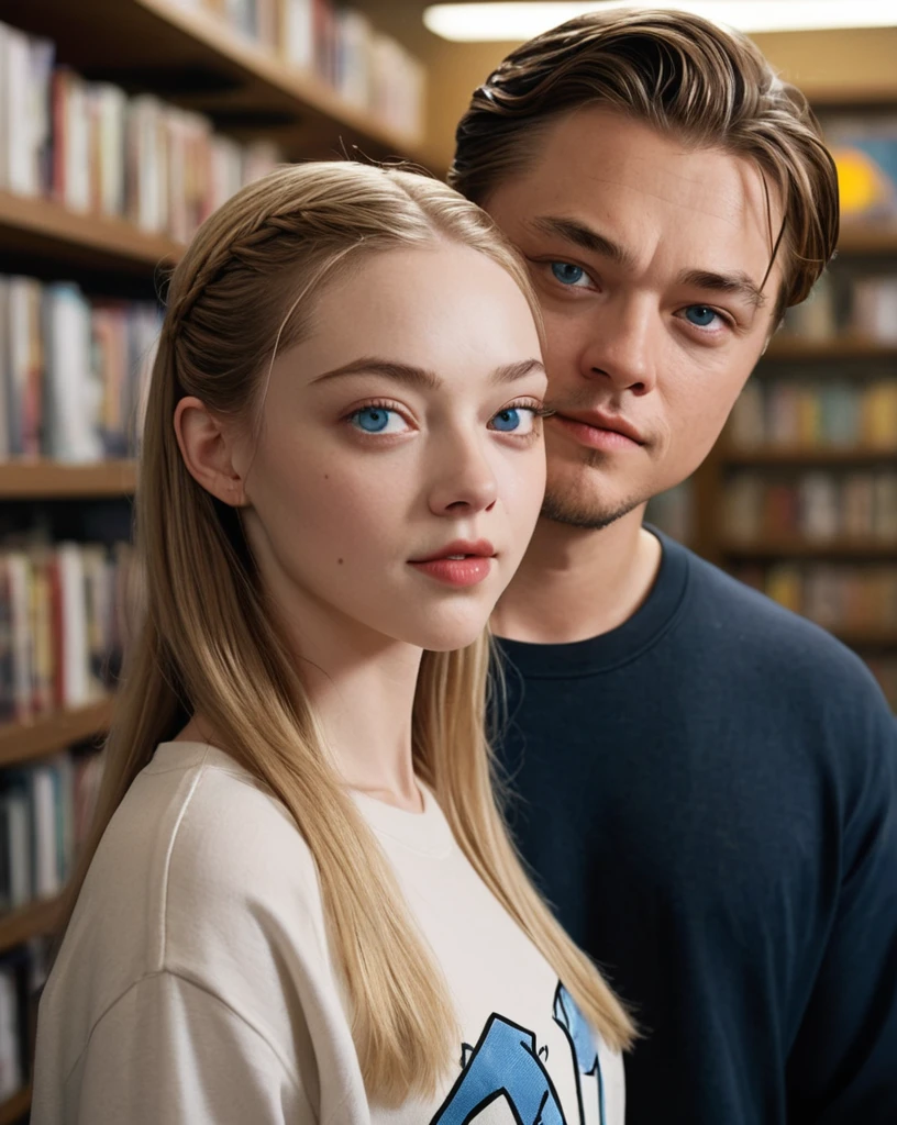 ((A couple in love)) a 16 year old man with bright light blue eyes, light brown hair, physical resemblance to 20 year old Leonard Dicaprio, dressed in a spider-man sweatshirt and a white t-shirt, short hair hairstyle, standing next to his beautiful blonde-haired girlfriend with bright, slightly dark blue eyes and a physical resemblance to 16-year-old Amanda Seyfried dressed in a black dress, an unreal engine 5, octane renderer, background of a bookstore, detailed hair and eyes, beautiful real faces, Detailed faces with physical resemblances to actors Leonardo Dicaprio and Amanda Seyfried, Beautiful hair, they both smile, beautiful portrait con detalles,  hair with many details, 8k Artgerm bokeh, IG model | Artgerm, detailed portrait, stunning holding portrait of a realistic face, beautiful portrait, deviantart artstation cgscosiety, realistic cinematic portrait, high quality portrait, elegant digital painting, Artistic style