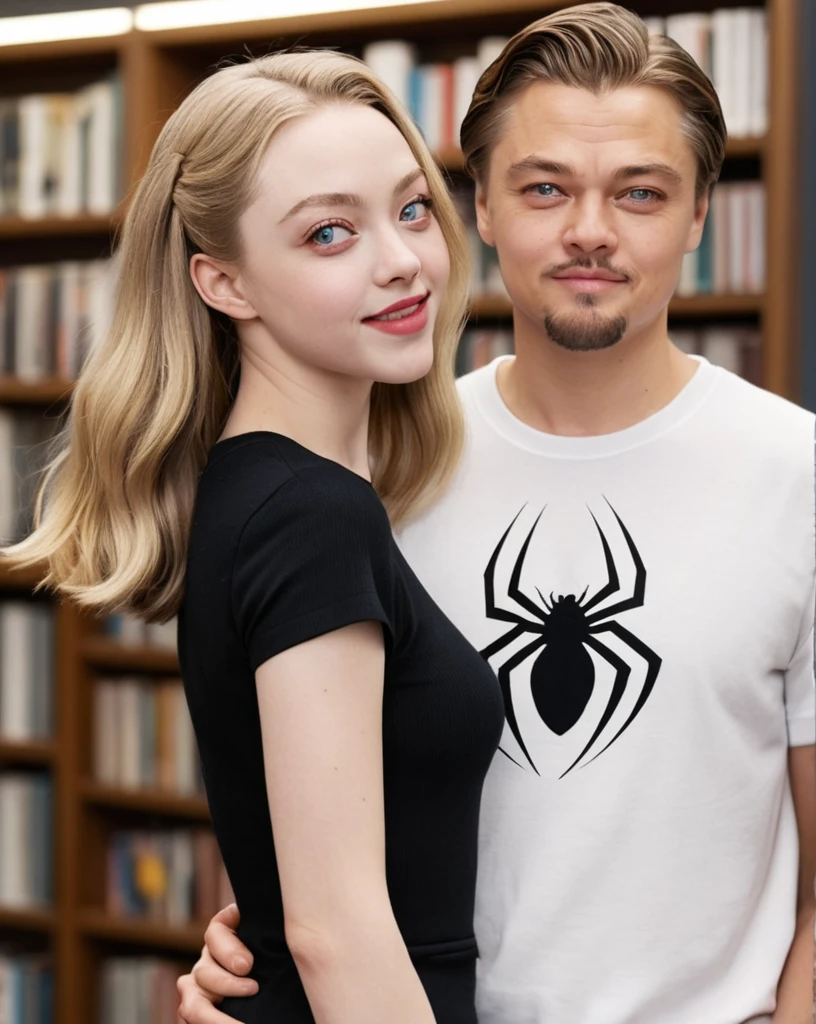 ((A couple in love)) a 16 year old man with bright light blue eyes, light brown hair, physical resemblance to 20 year old Leonard Dicaprio, dressed in a spider-man sweatshirt and a white t-shirt, short hair hairstyle, standing next to his beautiful blonde-haired girlfriend with bright, slightly dark blue eyes and a physical resemblance to 16-year-old Amanda Seyfried dressed in a black dress, an unreal engine 5, octane renderer, background of a bookstore, detailed hair and eyes, beautiful real faces, Detailed faces with physical resemblances to actors Leonardo Dicaprio and Amanda Seyfried, Beautiful hair, they both smile, beautiful portrait con detalles,  hair with many details, 8k Artgerm bokeh, IG model | Artgerm, detailed portrait, stunning holding portrait of a realistic face, beautiful portrait, deviantart artstation cgscosiety, realistic cinematic portrait, high quality portrait, elegant digital painting, Artistic style
