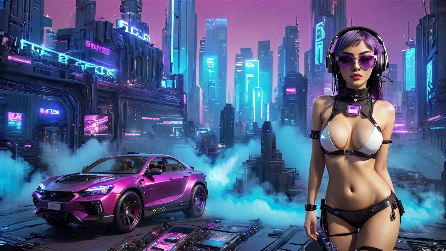 masterpiece, best quality, high resolution, 8k, (Portrait Photos:1.5), (R Original Photo), real picture, Digital Photography, (A fusion of cyberpunk and fantasy), 20 year old girl, solo, (((black sunglasses, headphone))), Feel free to hairstyle, Purple Eyes, By Bangs, (large breasts, cleavage, Accessories, Elegant and charming, Combination of cyberpunk and fantasy style clothing, Hollow carving design, Photo poses, Realistic style, (((((pistol shooting pose))))), oc render reflection texture, sentry, (((((Cyberpunk style future city))))), night, Bustling streets, (((((half-body (thigh level) medium shot))))).