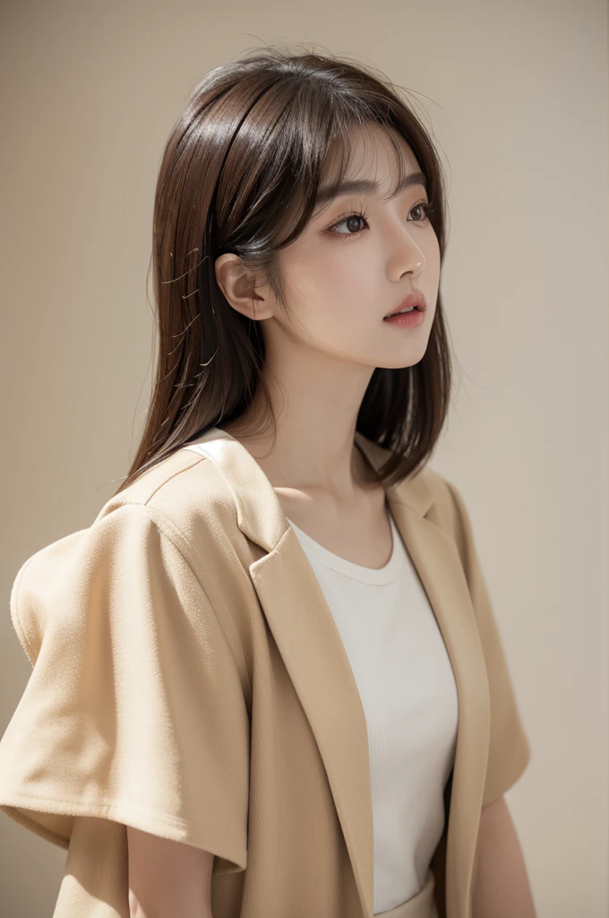 realistic light,natural light,white background,top quality、8 thousand、32,000、masterpiece、uhd:1.2)、photo of korean woman,small eyes,korean hair、dark brown hair、upper part of the body,bust、from above,beige short sleeve jacket,profile,launch,Tassel Cut,hime cut