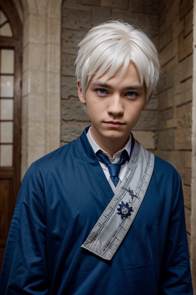 Anime,boy, white hair, blue eyes, Hogwarts uniform , wolf cut