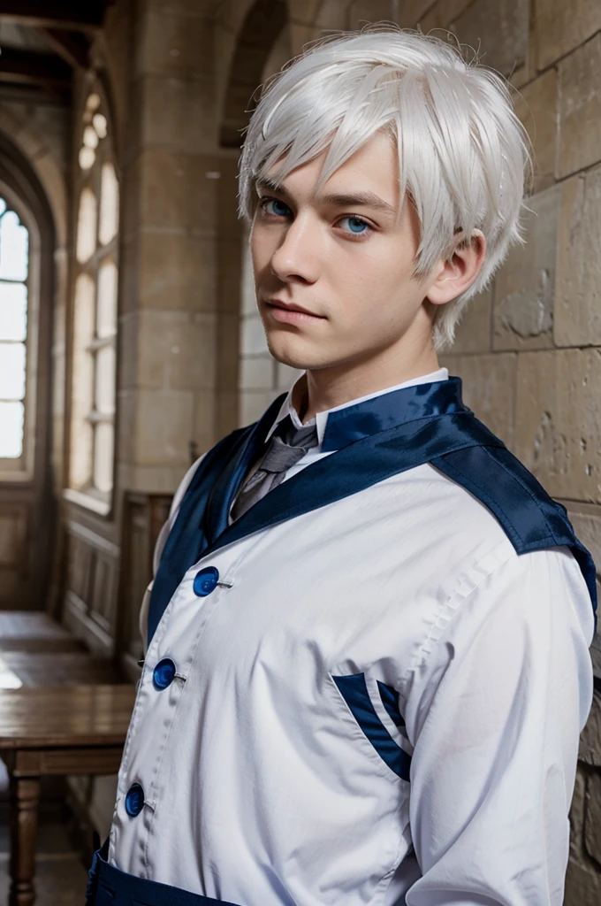 Anime,boy, white hair, blue eyes, Hogwarts uniform , wolf cut