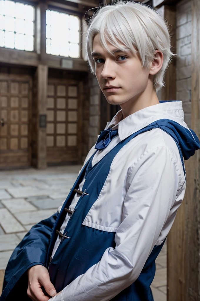 Anime,boy, white hair, blue eyes, Hogwarts uniform , wolf cut