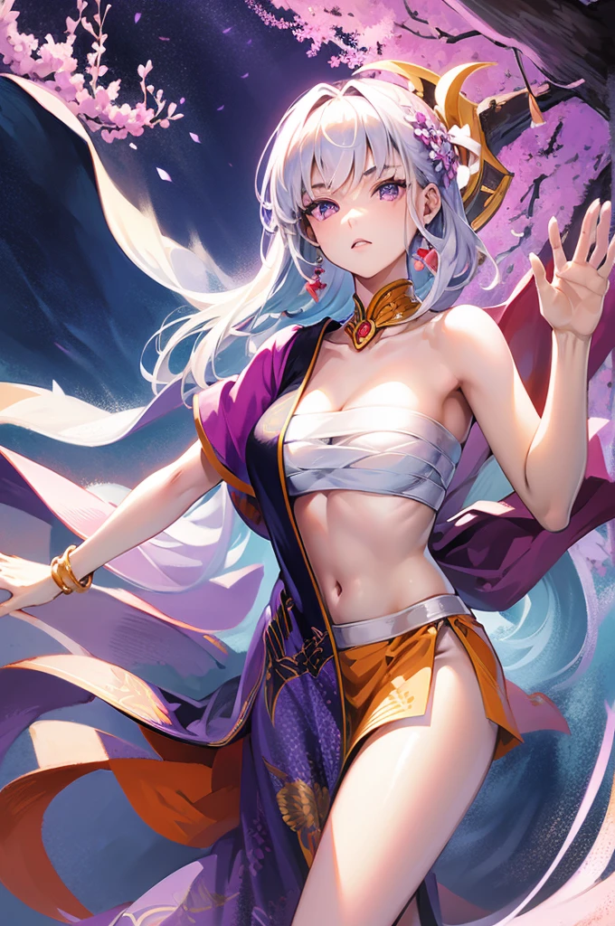 (masterpiece, Highest quality, Dutch Angle)(One girl, alone)(Gray Hair,Purple eyes,Straight Long Hair)(sarashi,kimono,One Shoulder、Wear one kimono:1.4、One shoulder exposed)(Serious expression, Woman with a sword:1.3、Floating Hair)(Cherry tree、dead tree、Mystical Night、Particles of light float around the woman、Space for fantasy)