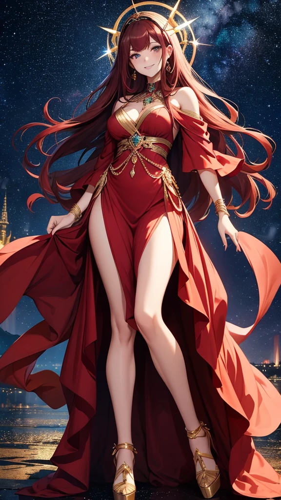 8k, beautiful woman, full body, dark red hair, long hair, jewelry on head, elegant dress, two bare legs, two bare arms, golden heels with black, jewelry on legs and arms, smiling, starry sky background, standing with open legs